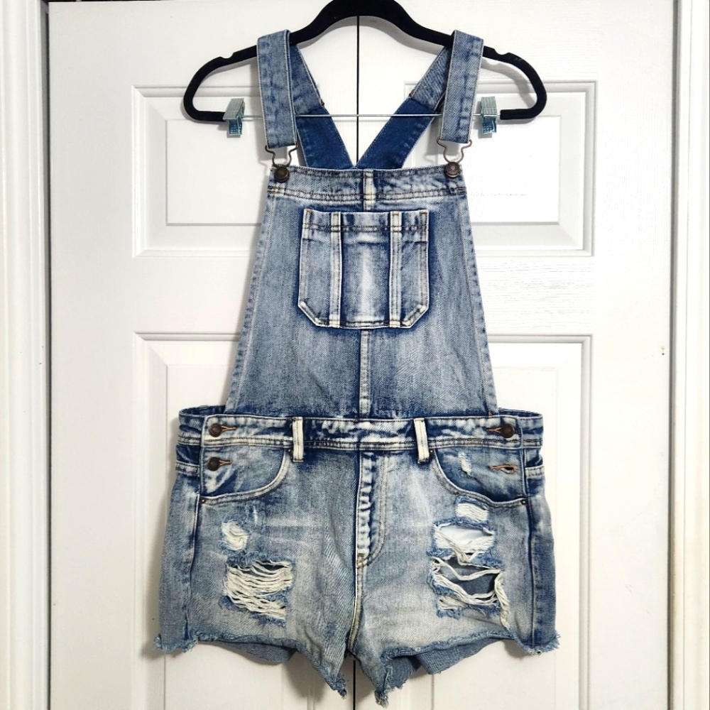 Forever 21 Distressed Denim Overall Shorts